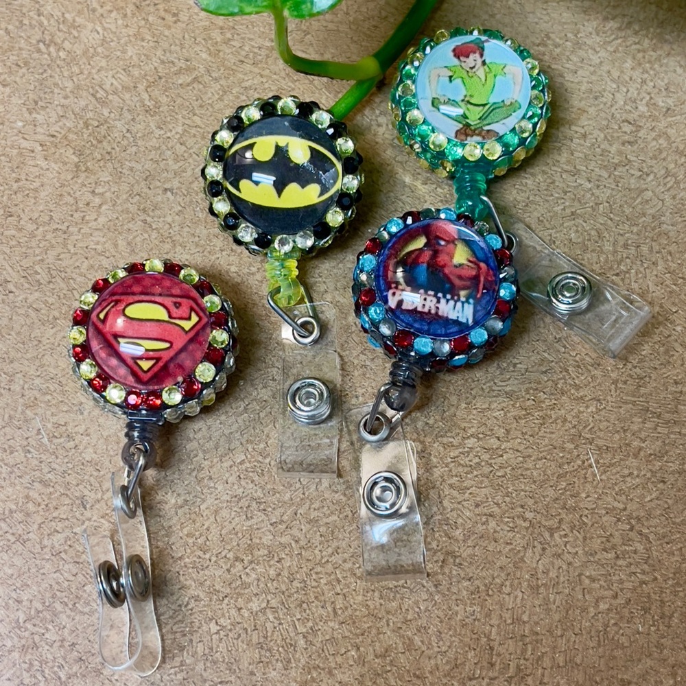 Superhero Badge Reels with Rhinestones New set/4